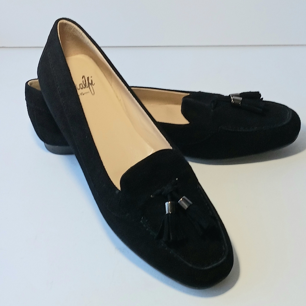 Amalfi Black Suede Tassel Loafer Slip-On Made In Italy Size 8.5 Women's
